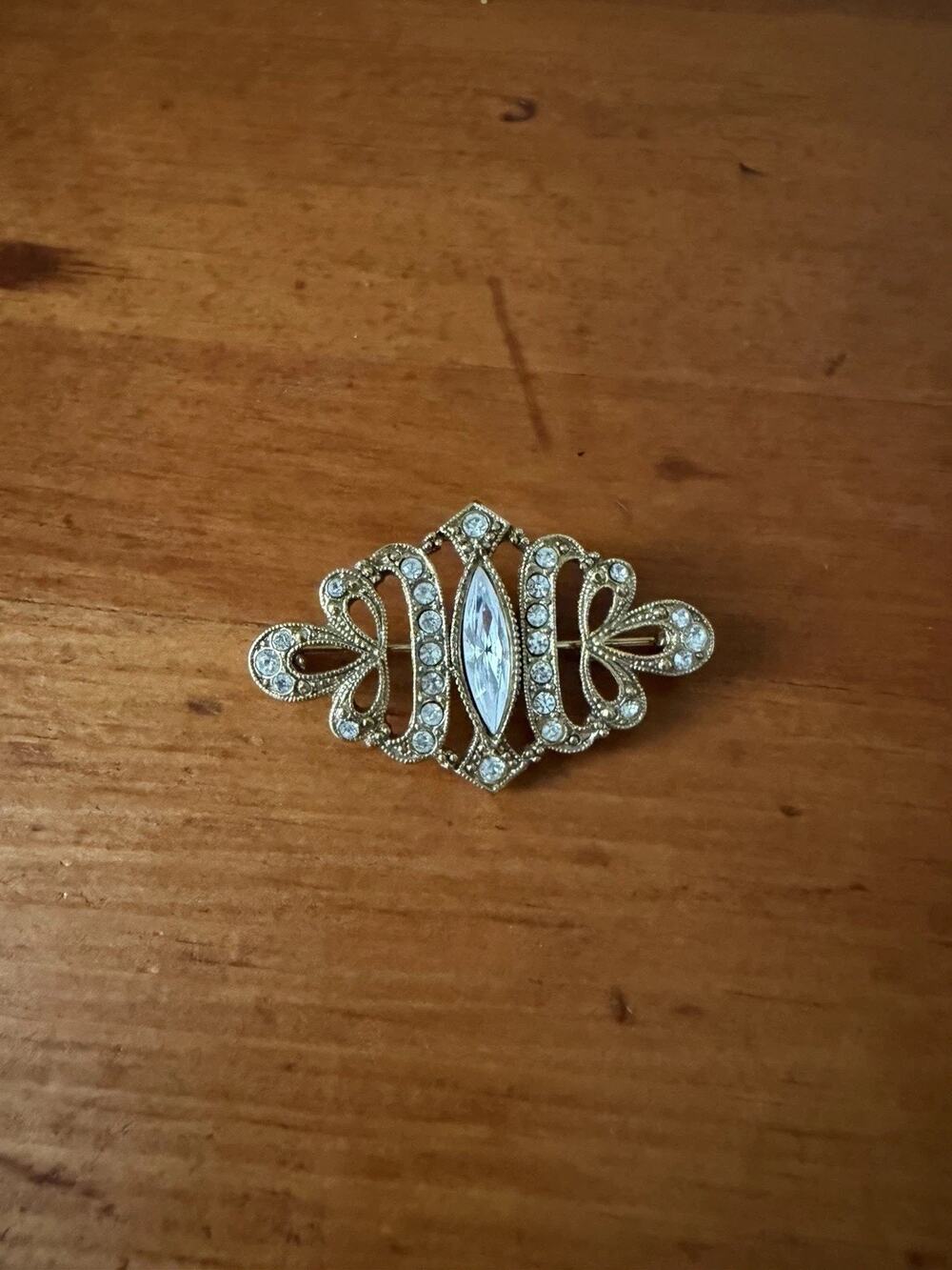 Vtg 1928 Co Victorian Ornate Filigree Brooch Marquise Rhinestone